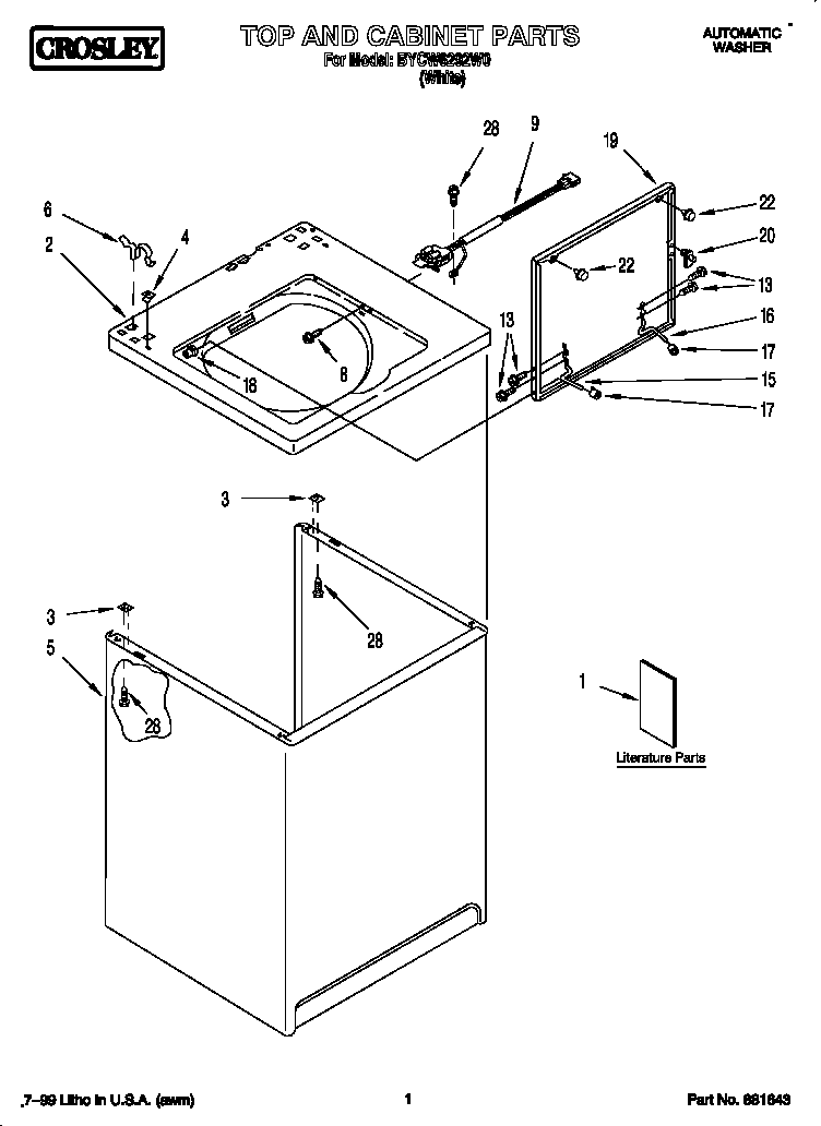 Whirlpool BYCW6292W0 top and cabinet diagram