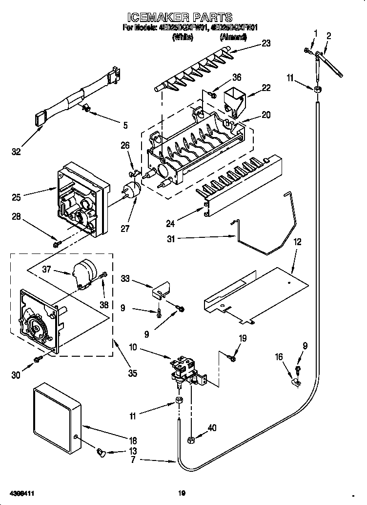Whirlpool 4ED25DQXFN01 icemaker diagram