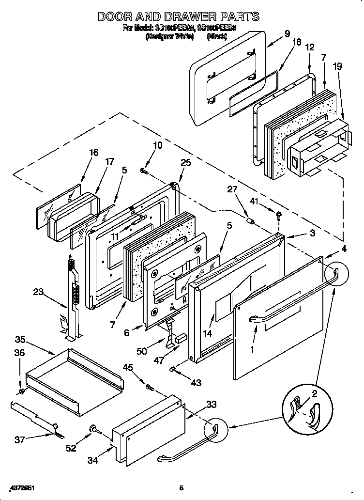 Whirlpool SB160PEEB8 door and drawer diagram