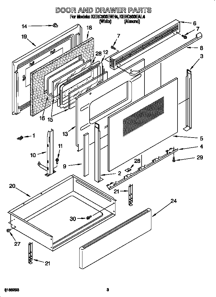 KitchenAid KERC500EWH4 door and drawer diagram