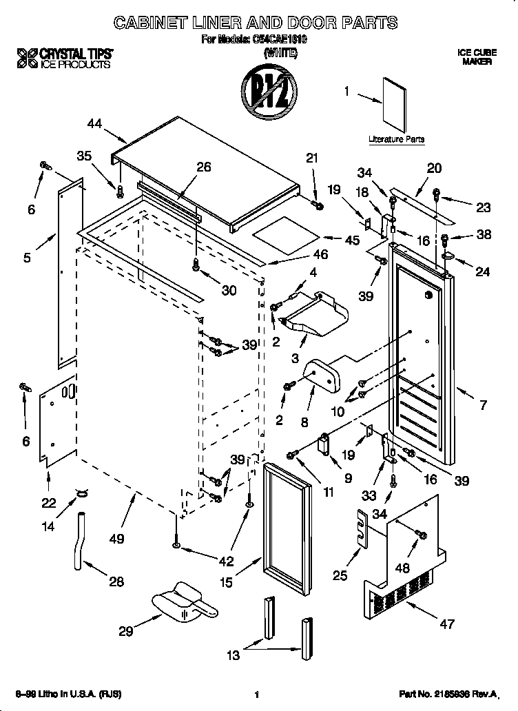 Whirlpool O54CAE1610 cabinet liner and door diagram
