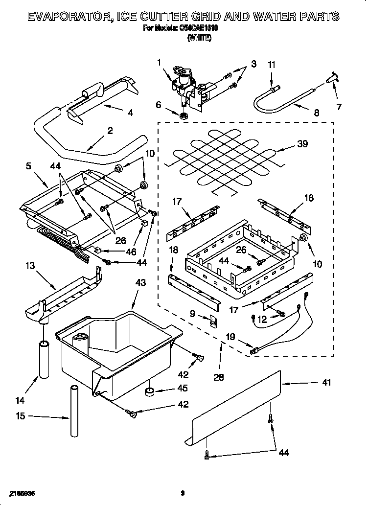 Whirlpool O54CAE1610 evaporator, ice cutter grid and water diagram