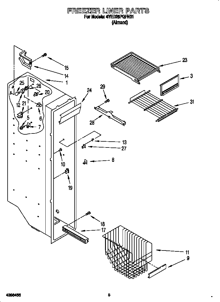 Whirlpool 4YED25PQFN01 freezer liner diagram