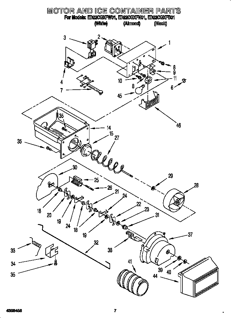 Whirlpool ED22CQXFW01 motor and ice container diagram