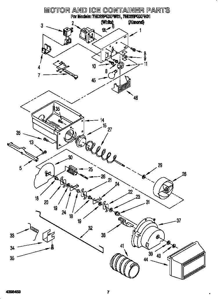 Whirlpool 7ED22PQXFN01 motor and ice container diagram