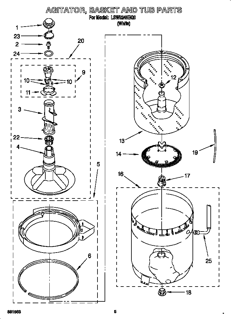 Whirlpool LSW9245EQ0 agitator, basket and tub diagram