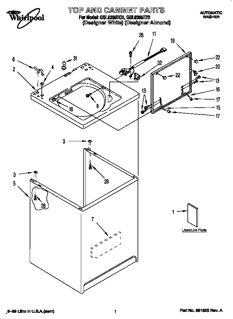Whirlpool GSL9365EQ2 top and cabinet diagram