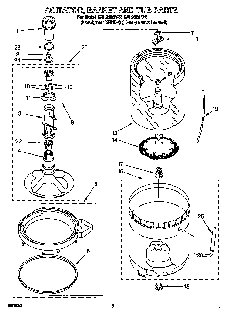 Whirlpool GSL9365EQ2 agitator, basket and tub diagram