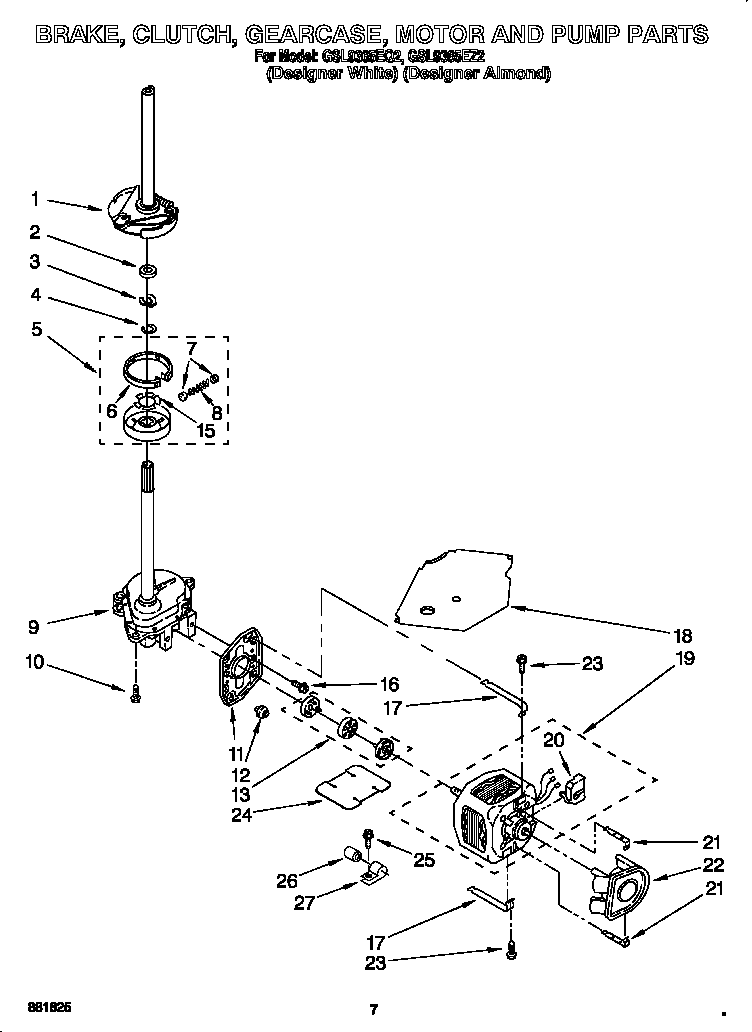 Whirlpool GSL9365EQ2 brake, clutch, gearcase, motor and pump diagram