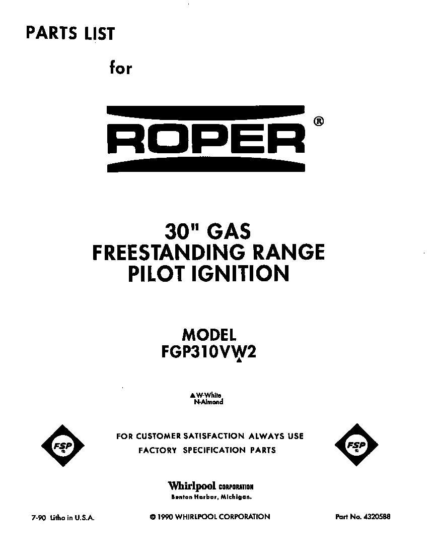 Roper FGP310VL2 cover diagram