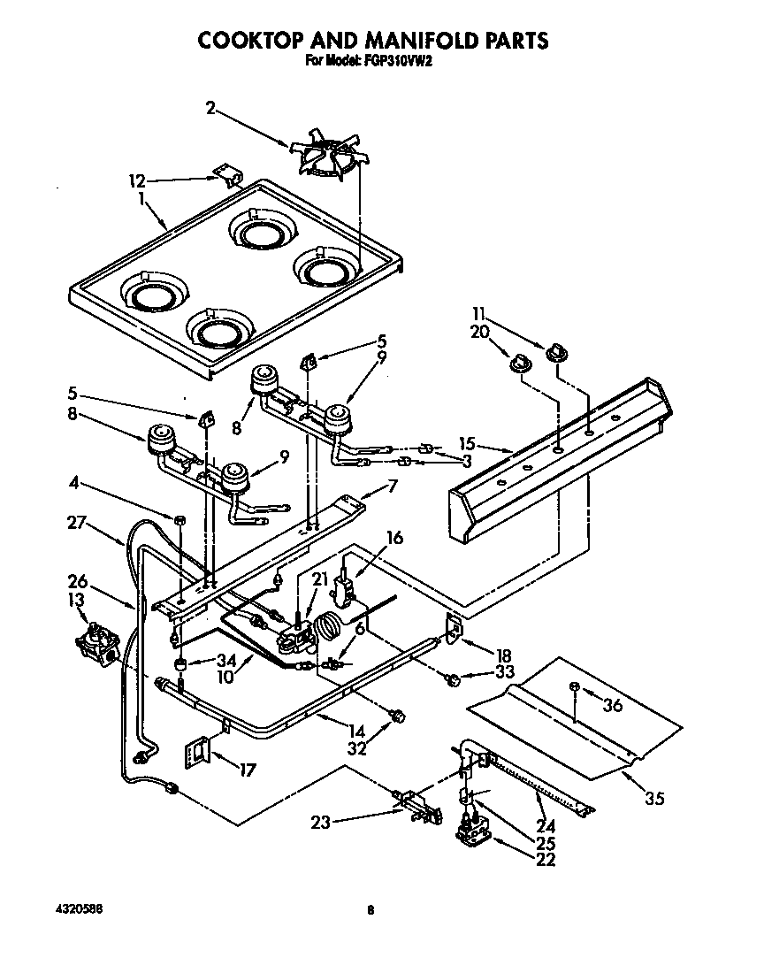 Roper FGP310VL2 cooktop and manifold diagram