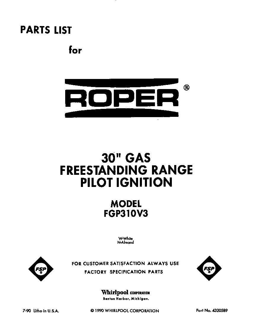 Roper FGP310VL3 cover diagram