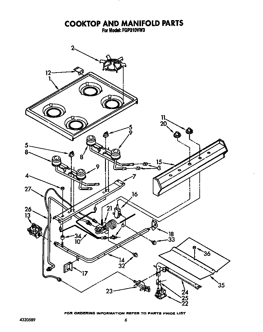 Roper FGP310VL3 cooktop and manifold diagram