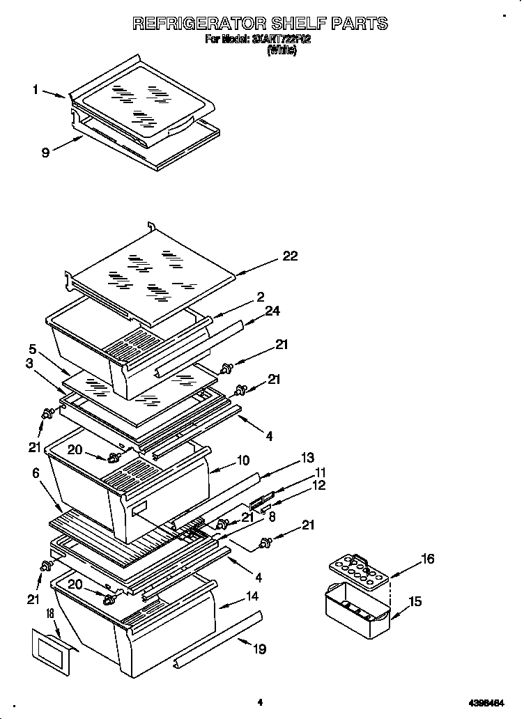 Whirlpool 3XART722F02 refrigerator shelves diagram