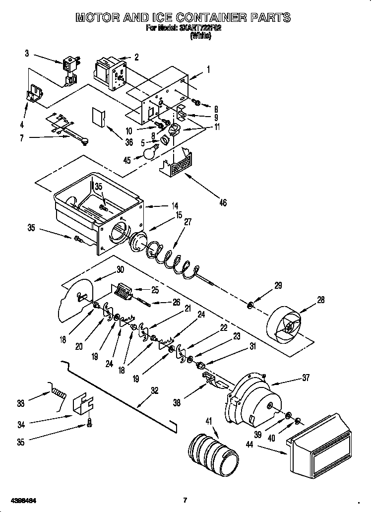 Whirlpool 3XART722F02 motor and ice container diagram