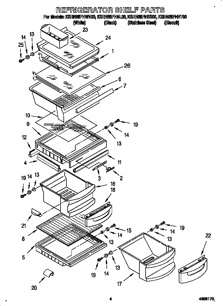KitchenAid KSRB25FHBT00 refrigerator shelves diagram
