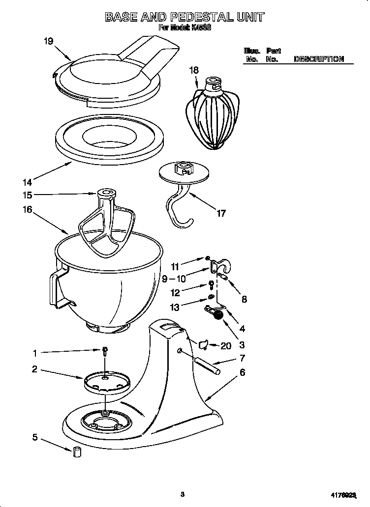 KitchenAid K45SS base and pedestal diagram
