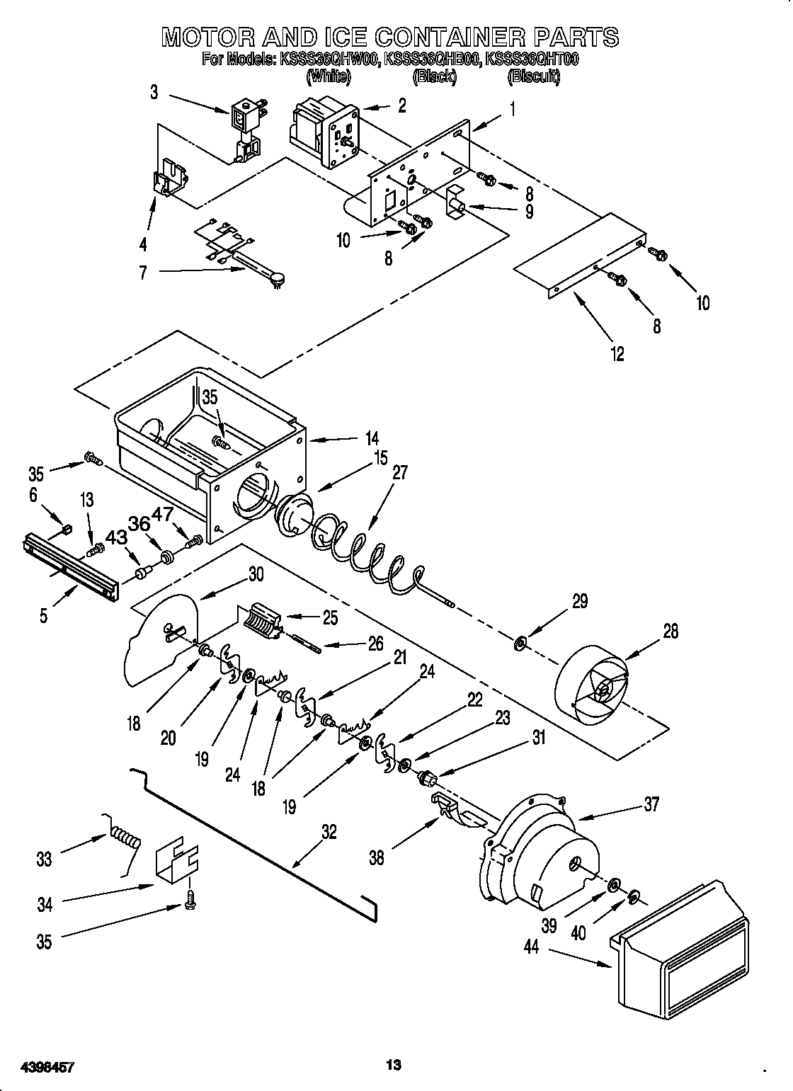 KitchenAid KSSS36QHT00 motor and ice container diagram