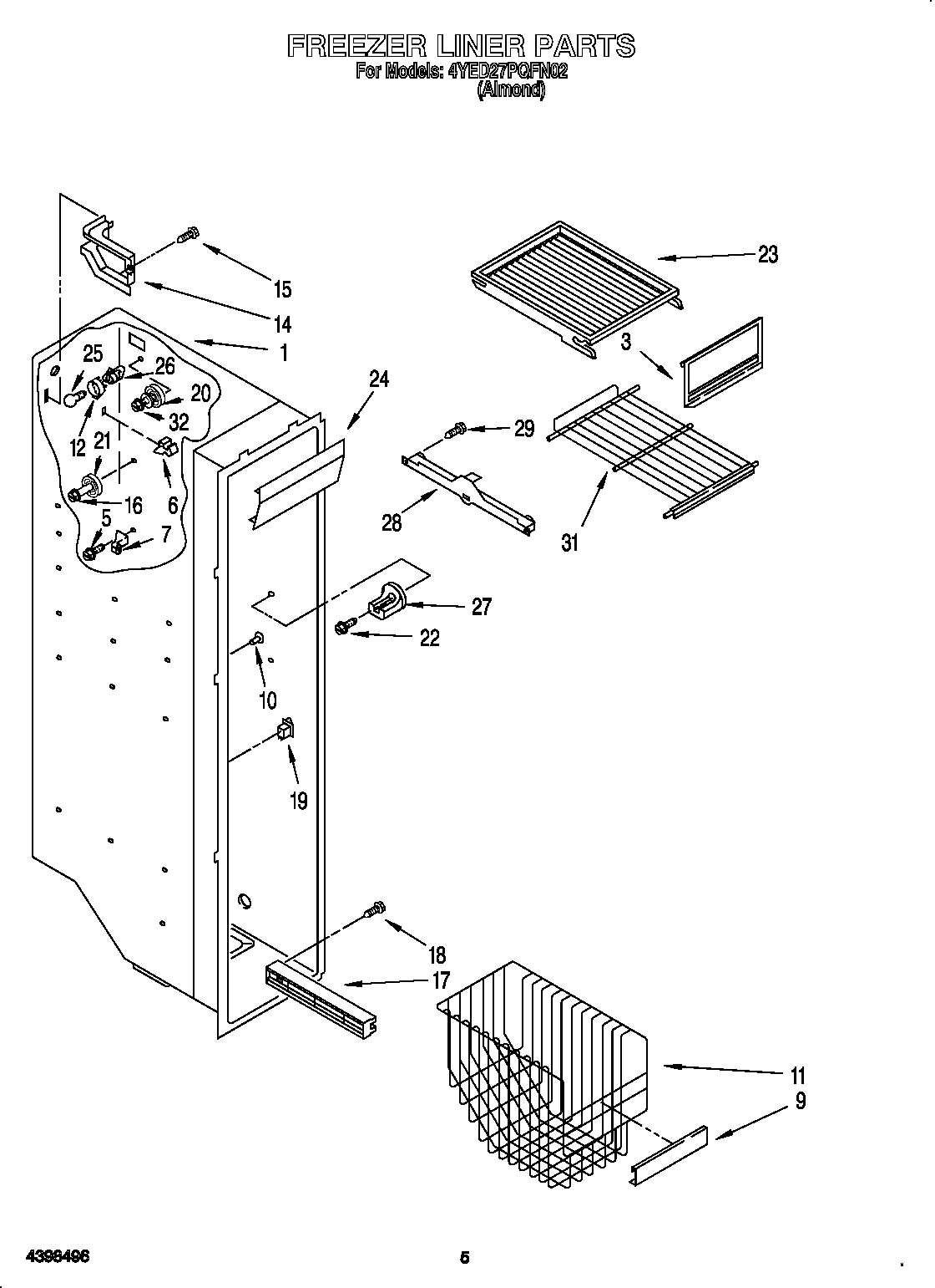 Whirlpool 4YED27PQFN02 freezer liner diagram