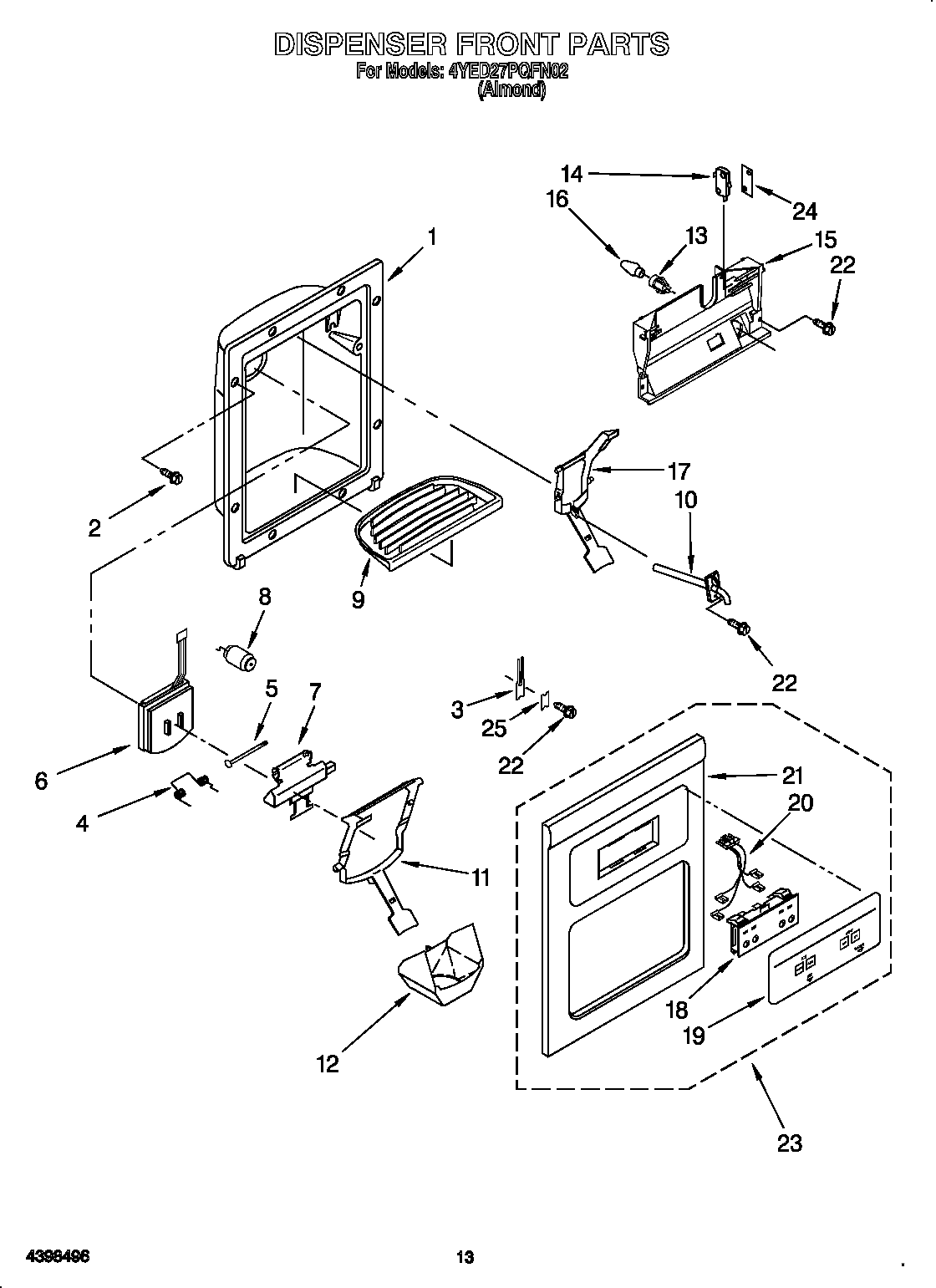 Whirlpool 4YED27PQFN02 dispenser front diagram
