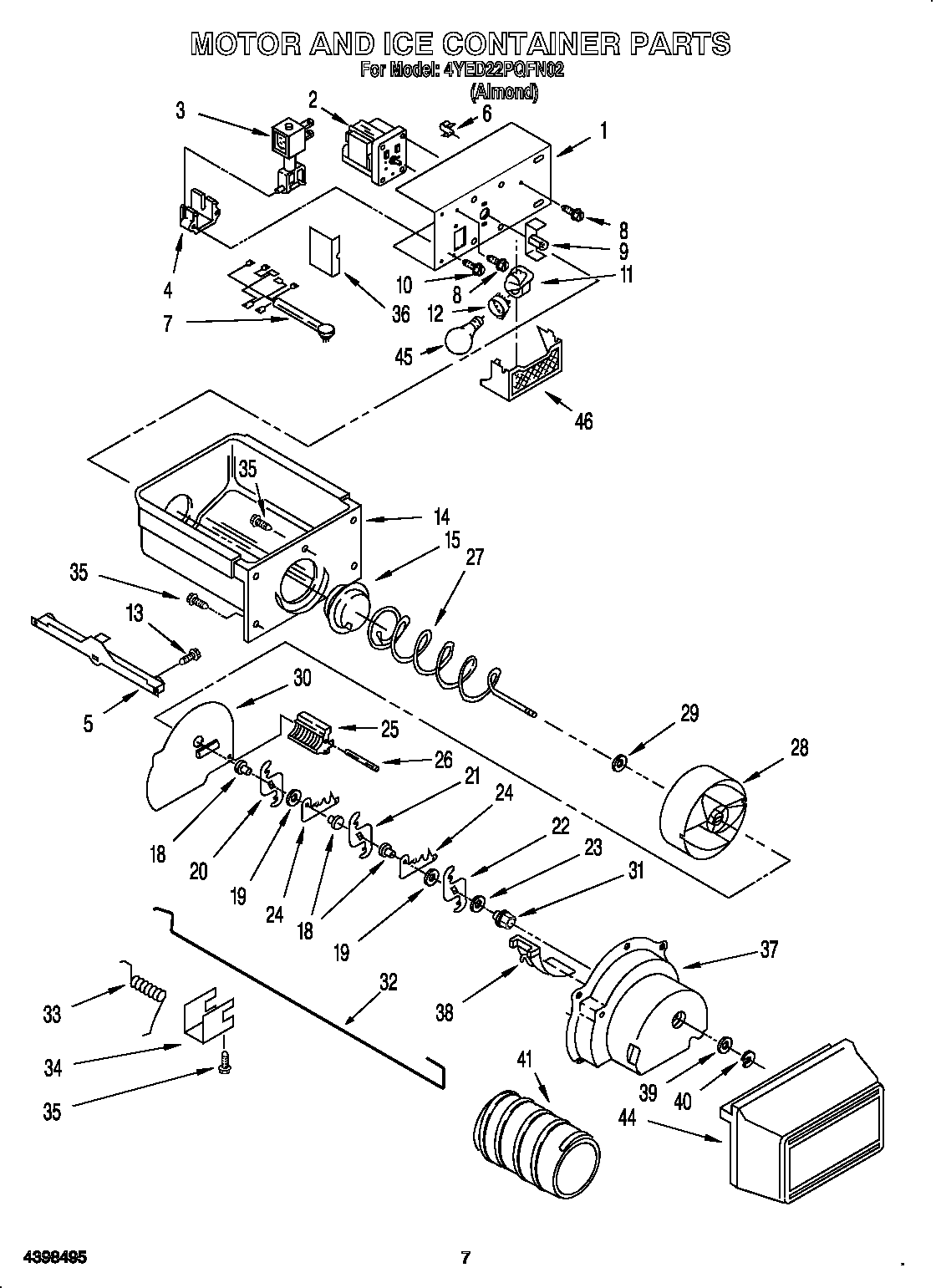 Whirlpool 4YED22PQFN02 motor and ice container diagram
