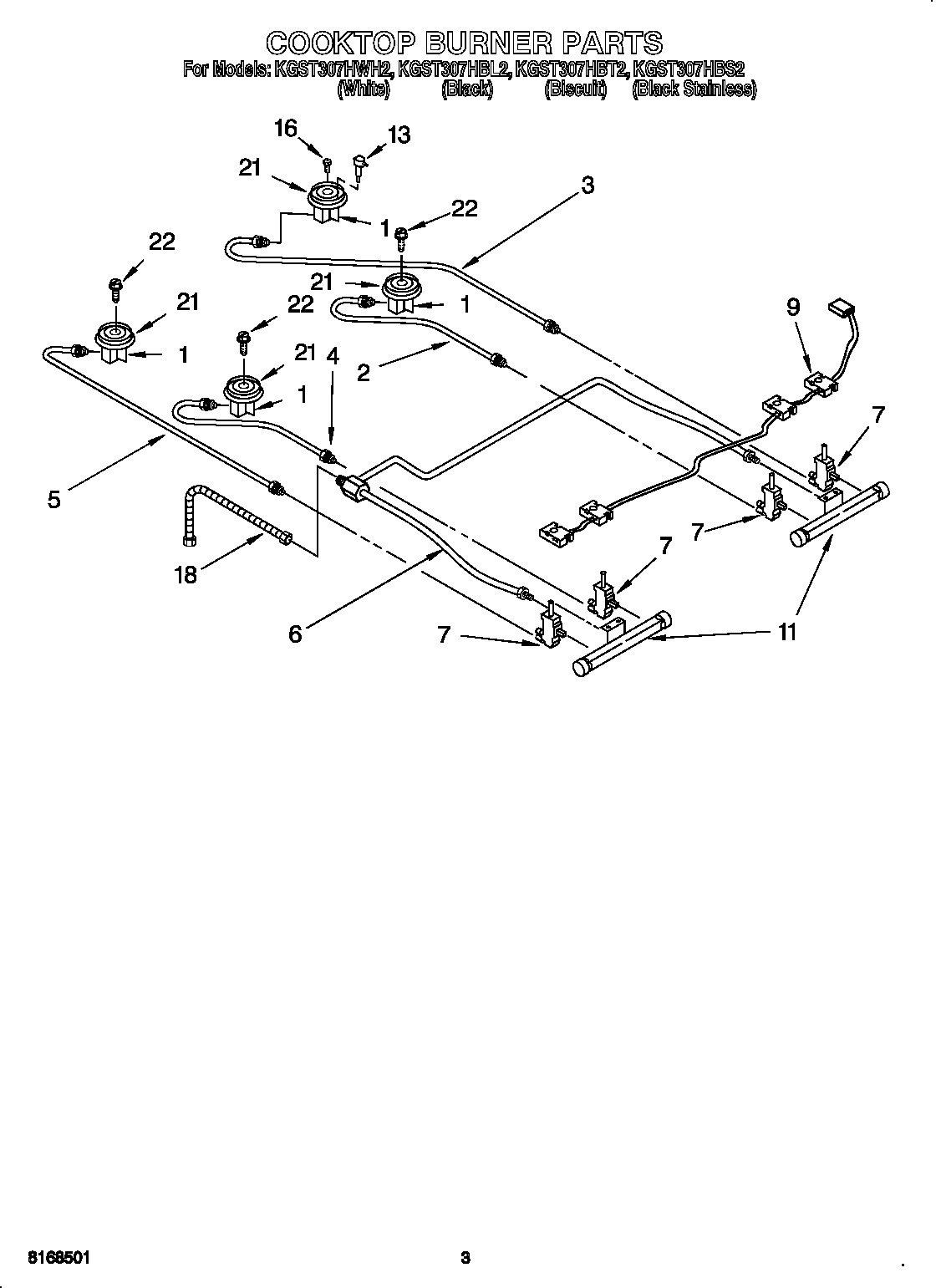 KitchenAid KGST307HWH2 cooktop burner diagram