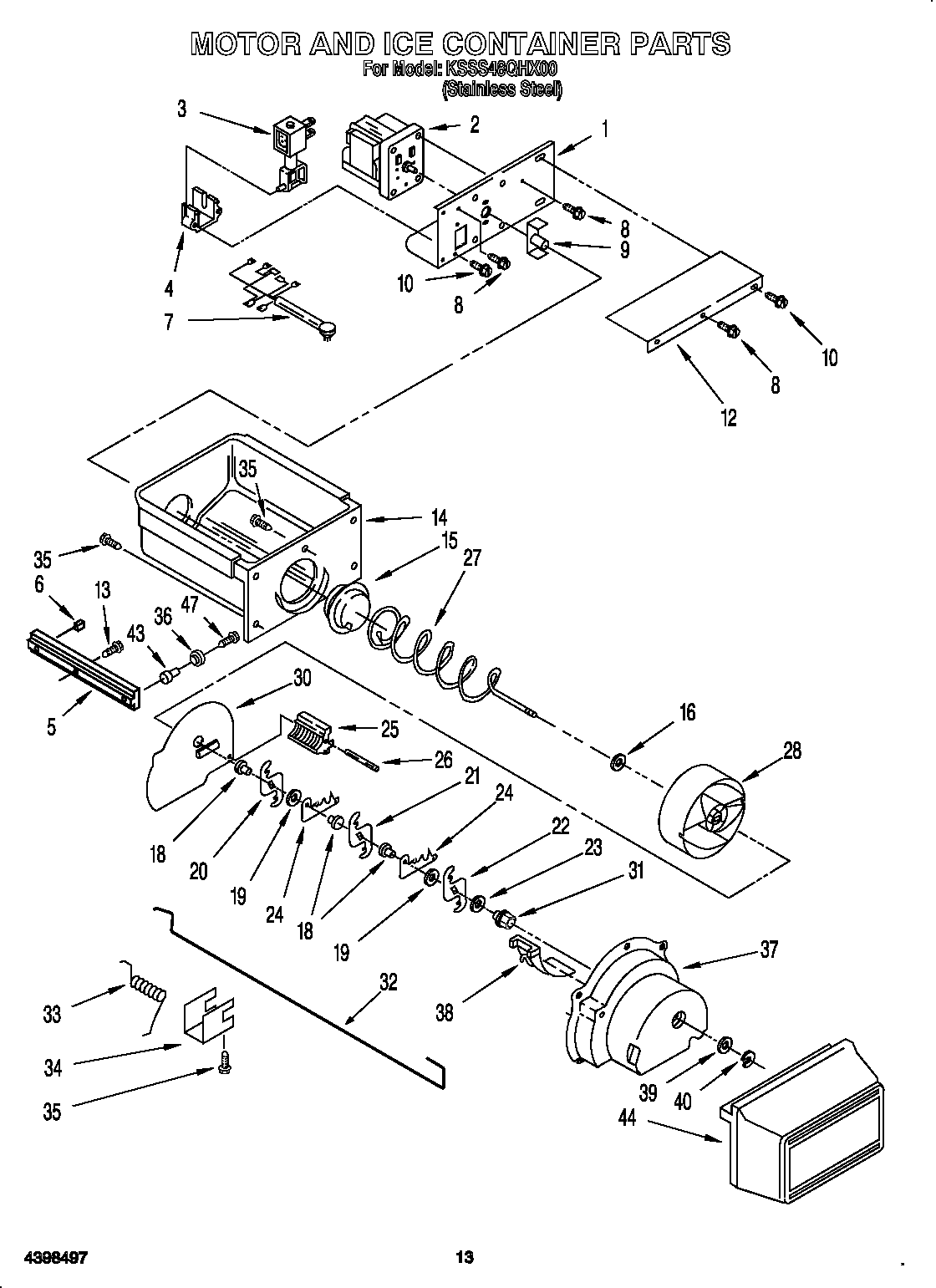 KitchenAid KSSS48QHX00 motor and ice container diagram