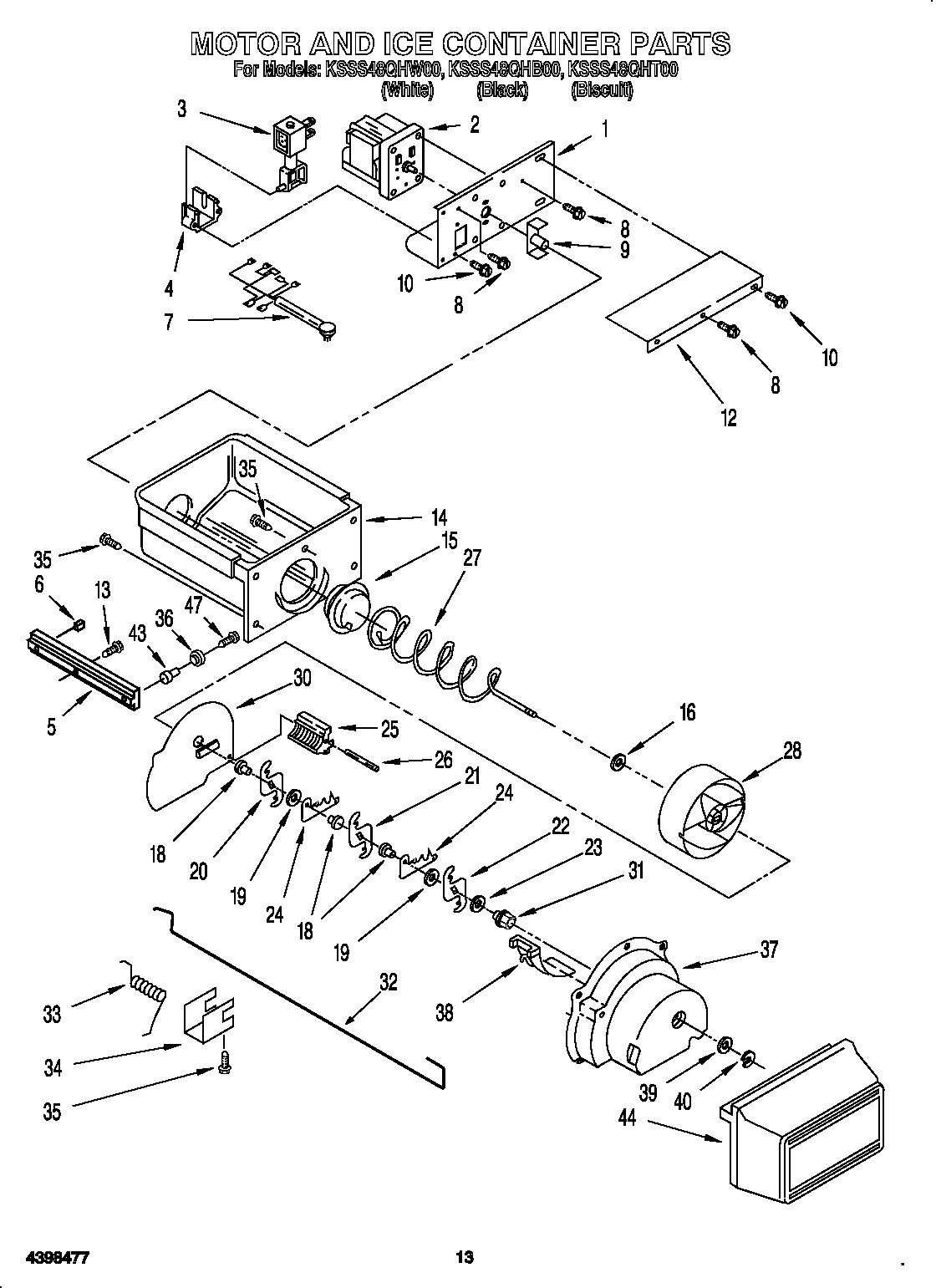 KitchenAid KSSS48QHT00 motor and ice container diagram