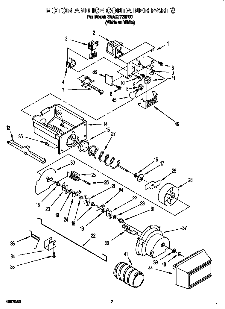 Whirlpool 3XART720F00 motor and ice container diagram