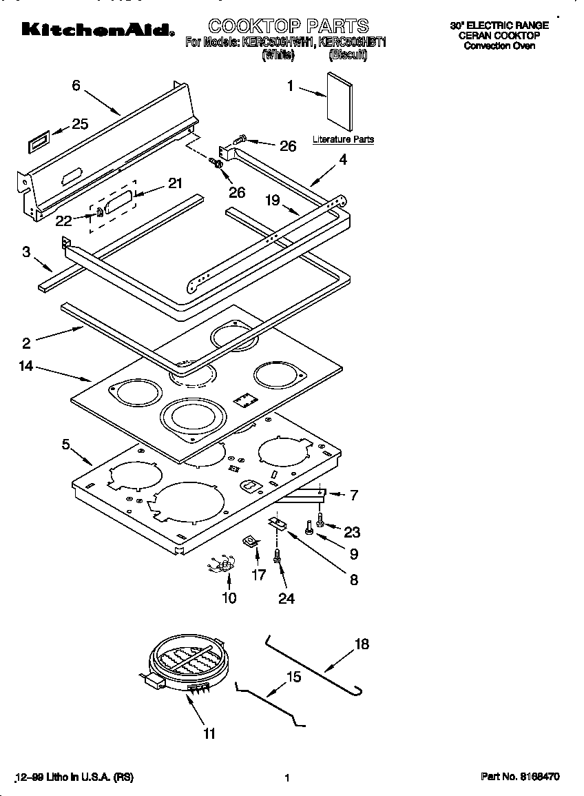 KitchenAid KERC506HWH1 cooktop diagram