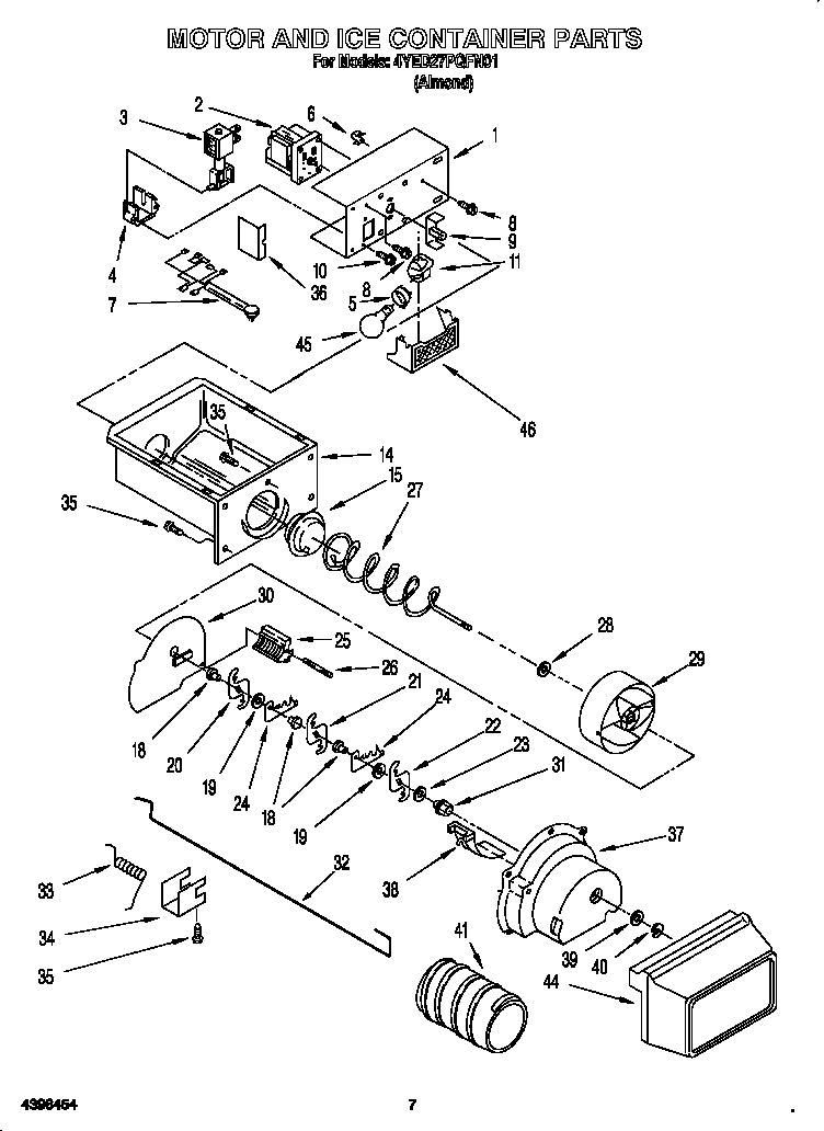 Whirlpool 4YED27PQFN01 motor and ice container diagram