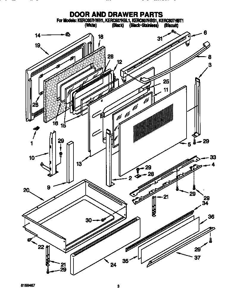 KitchenAid KERC607HBS1 door and drawer diagram