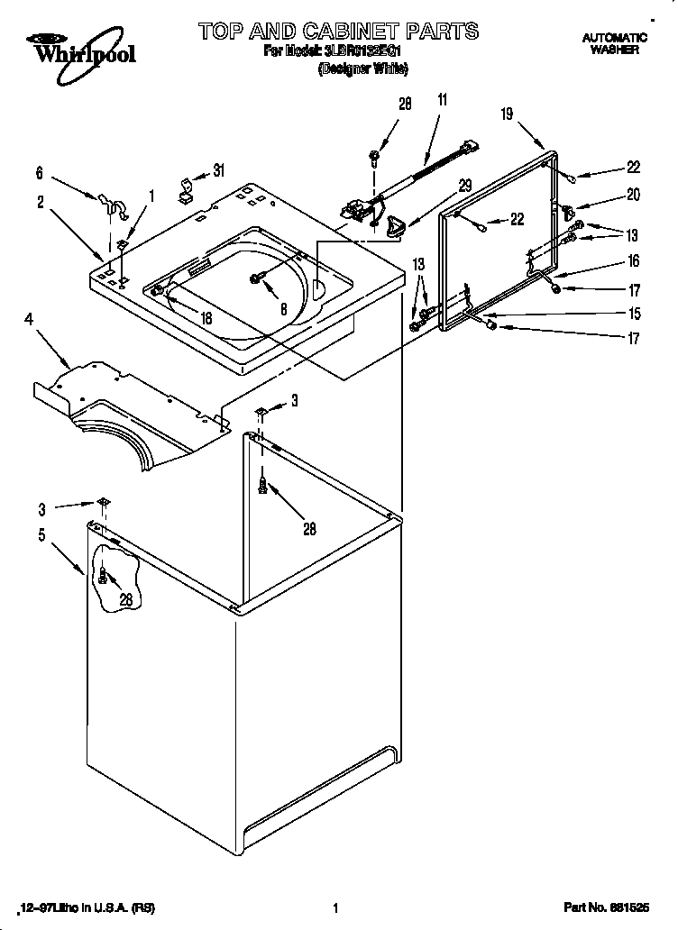 Whirlpool 3LBR6132EQ1 top and cabinet diagram