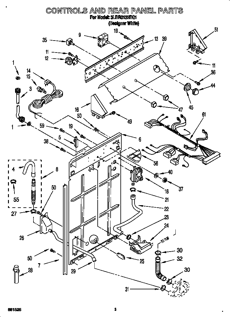 Whirlpool 3LBR6132EQ1 controls and rear panel diagram