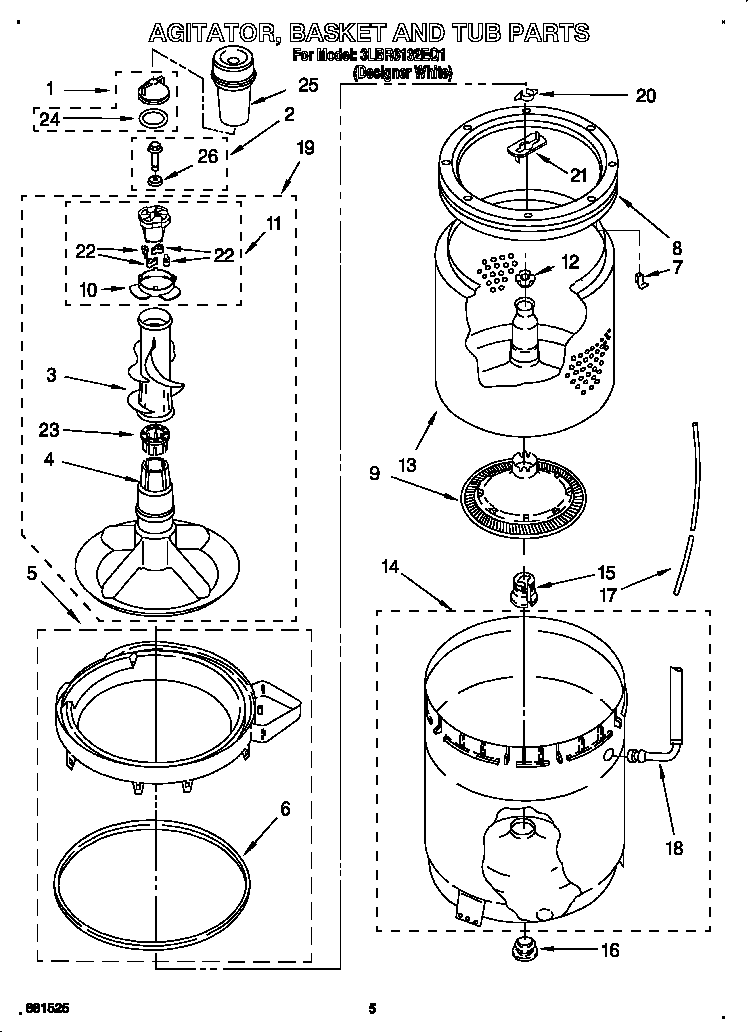 Whirlpool 3LBR6132EQ1 agitator, basket and tub diagram
