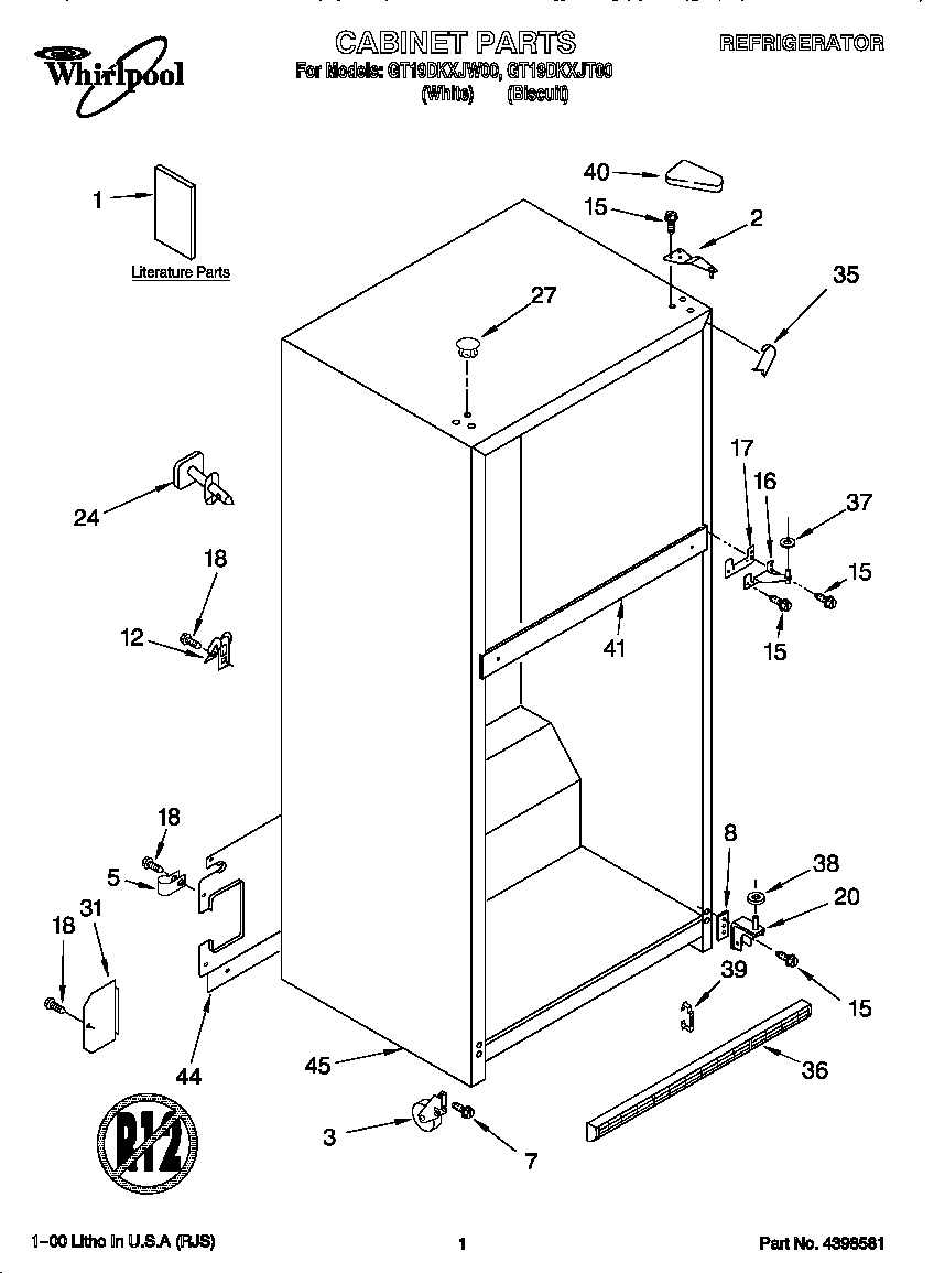 Whirlpool GT19DKXJT00 cabinet diagram