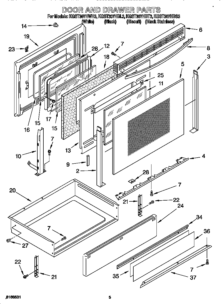 KitchenAid KGST307HBS3 door and drawer diagram