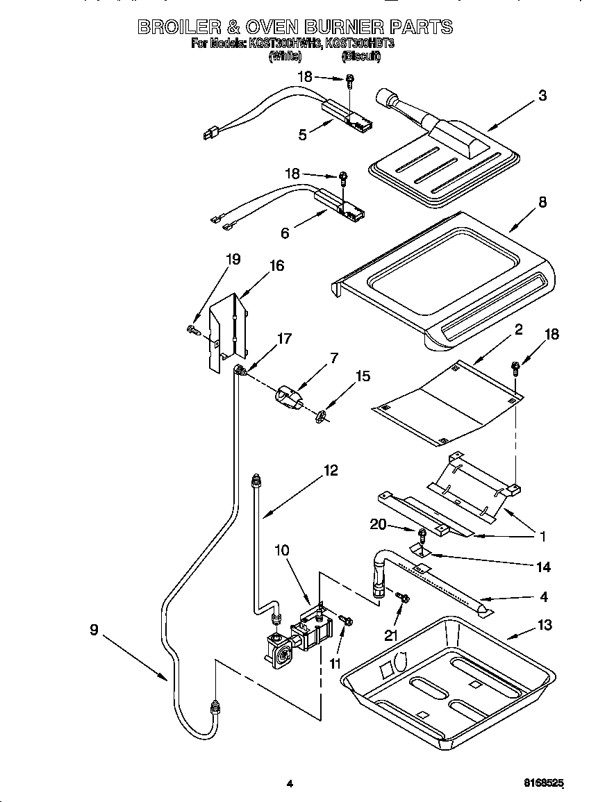 KitchenAid KGST300HWH3 broiler and oven burner diagram