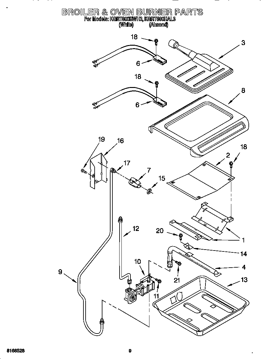 KitchenAid KGRT600HWH3 broiler and oven burner diagram