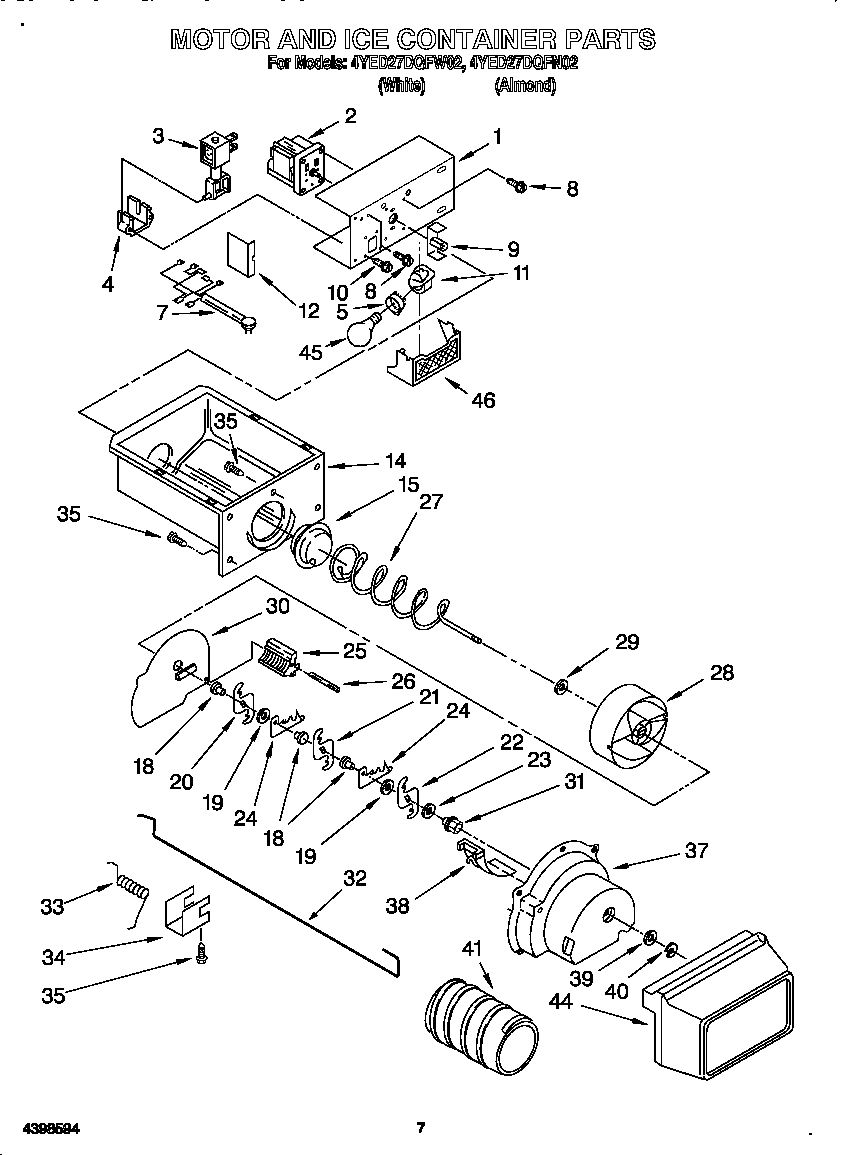 Whirlpool 4YED27DQFN02 motor and ice container diagram