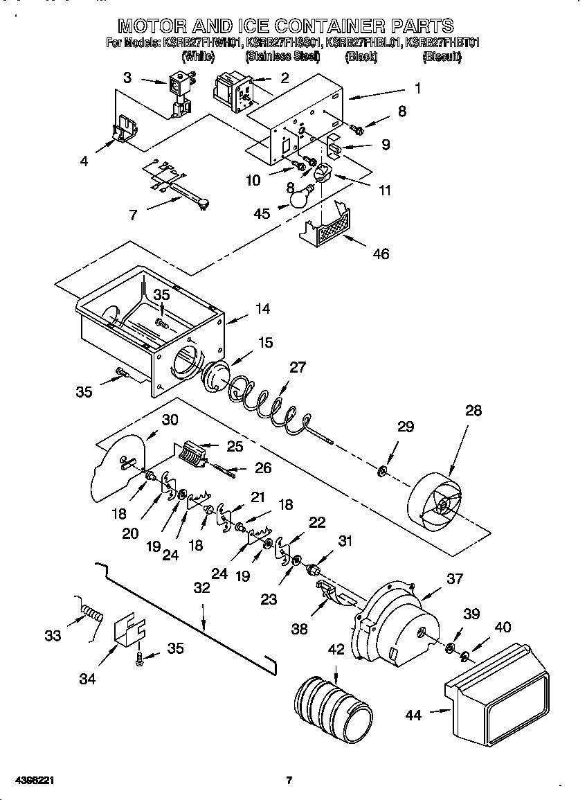 KitchenAid KSRB27FHBT01 motor and ice container diagram