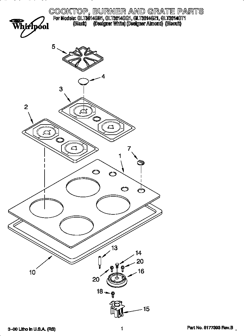 Whirlpool GLT3614GQ1 cooktop, burner, grate diagram