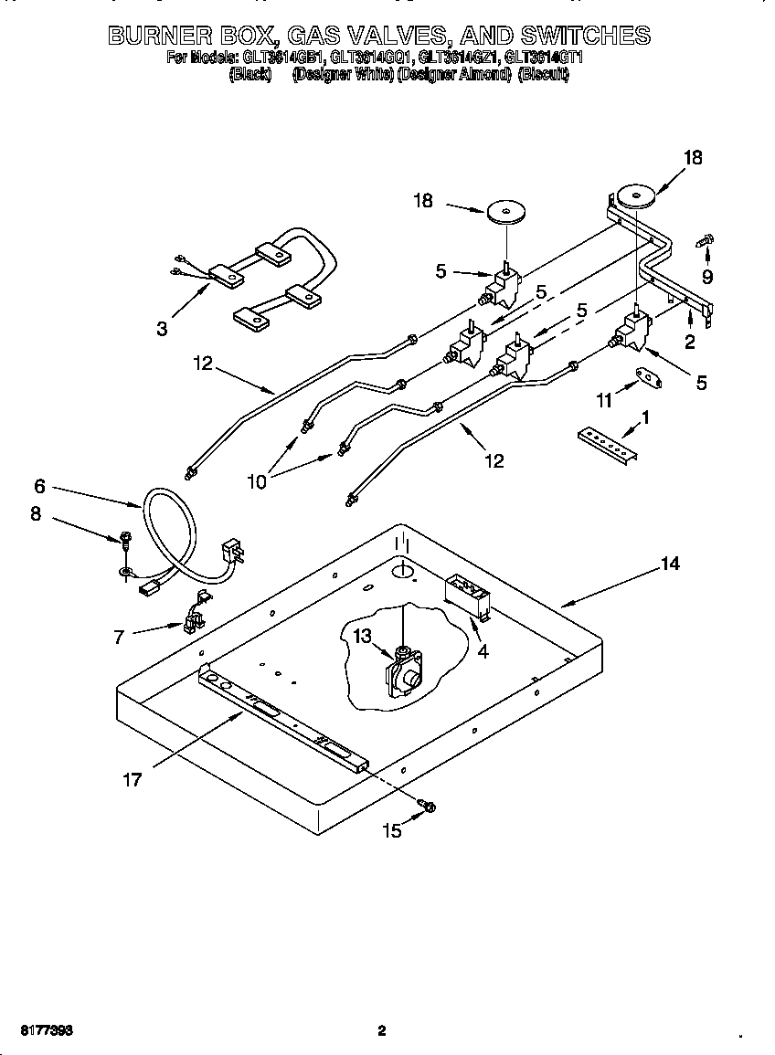 Whirlpool GLT3614GQ1 burner box, valves, switches diagram