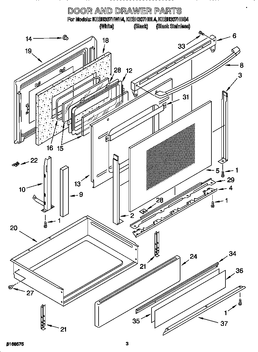 KitchenAid KESH307HBS4 door and drawer diagram