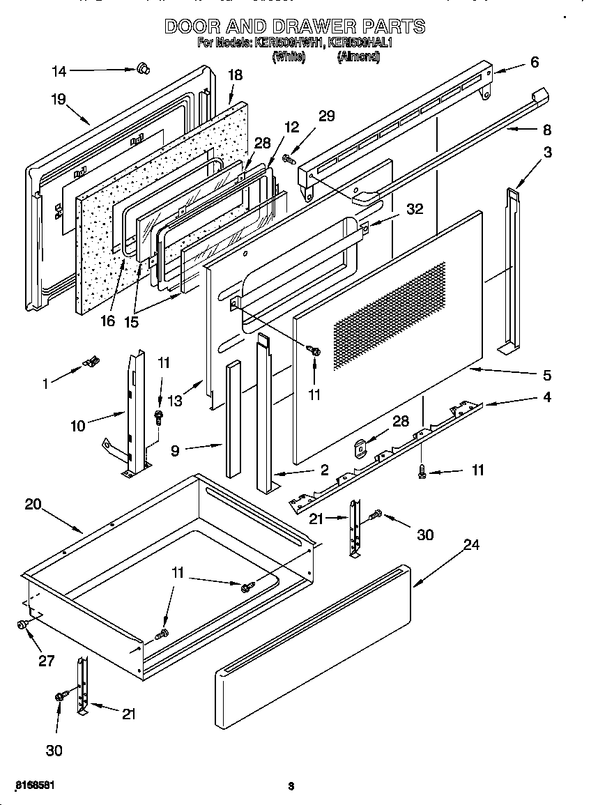 KitchenAid KERI500HAL1 door and drawer diagram