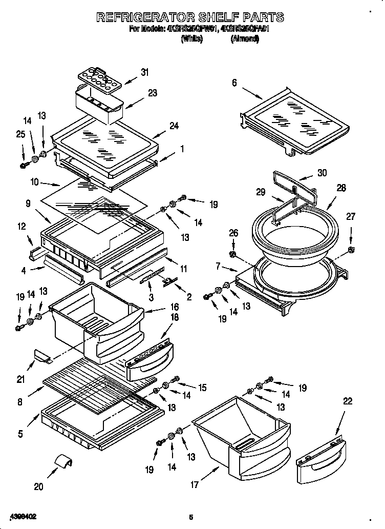 KitchenAid 4KSRS25QFA01 refrigerator shelf diagram