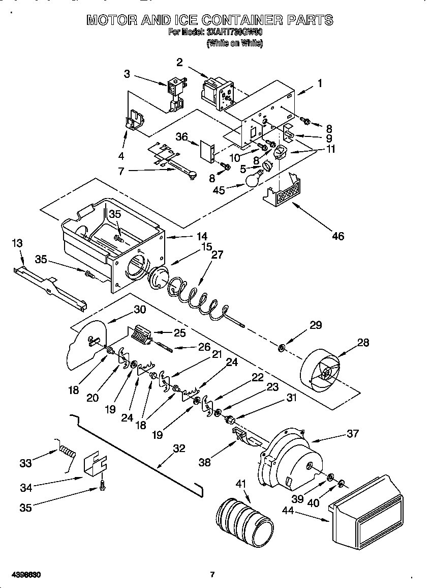 Whirlpool 3XART730GW00 motor and ice container diagram