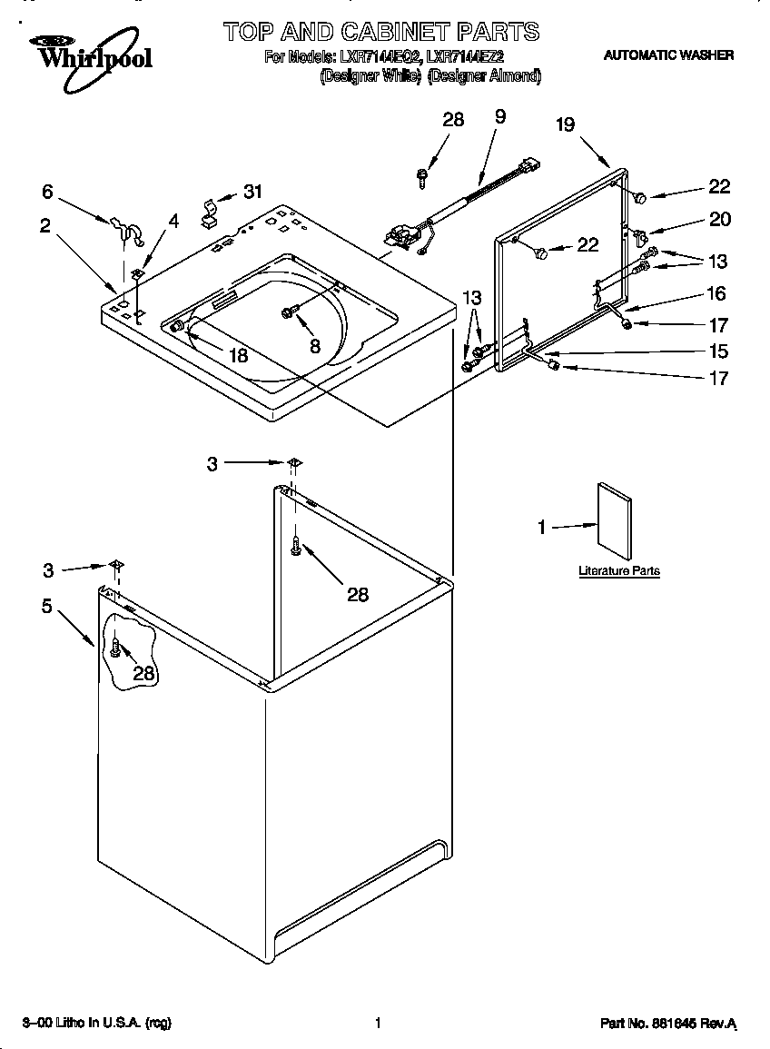 Whirlpool LXR7144EQ2 top and cabinet diagram
