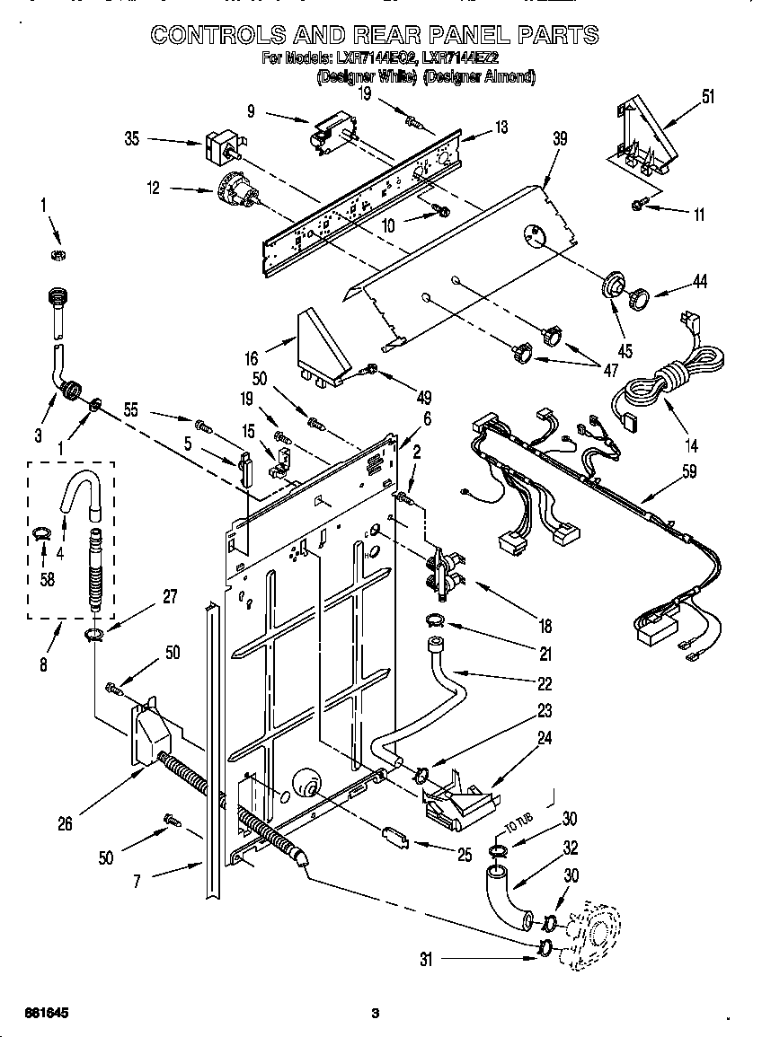 Whirlpool LXR7144EQ2 controls and rear panel diagram