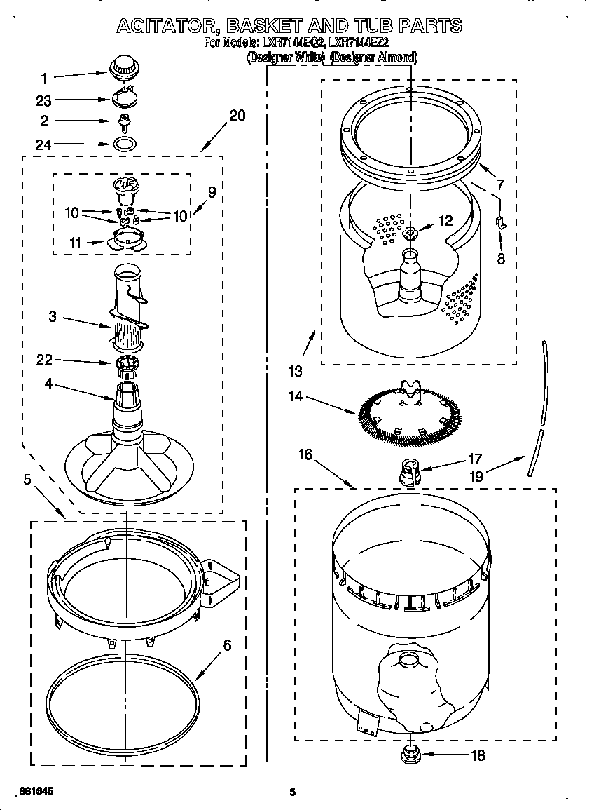 Whirlpool LXR7144EQ2 agitator, basket, and tub diagram